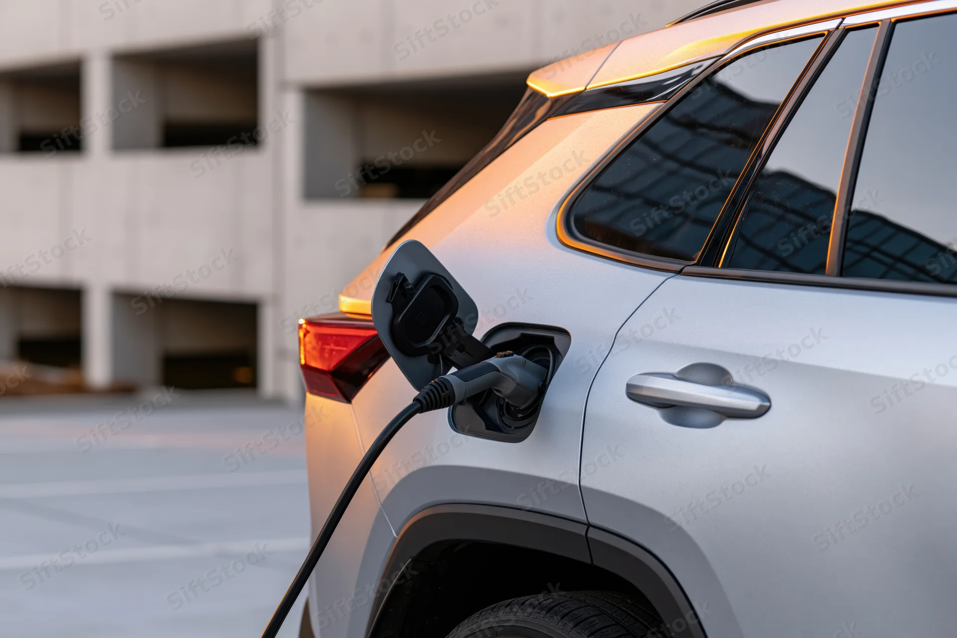 Silver compact suv plugged into ev charger in parking lot near concrete building at sunset
