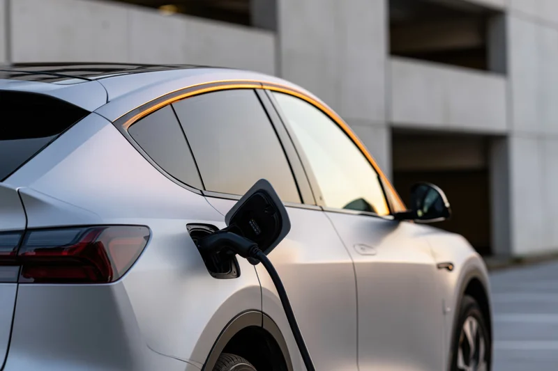 Silver compact electric suv charging at urban parking garage exterior