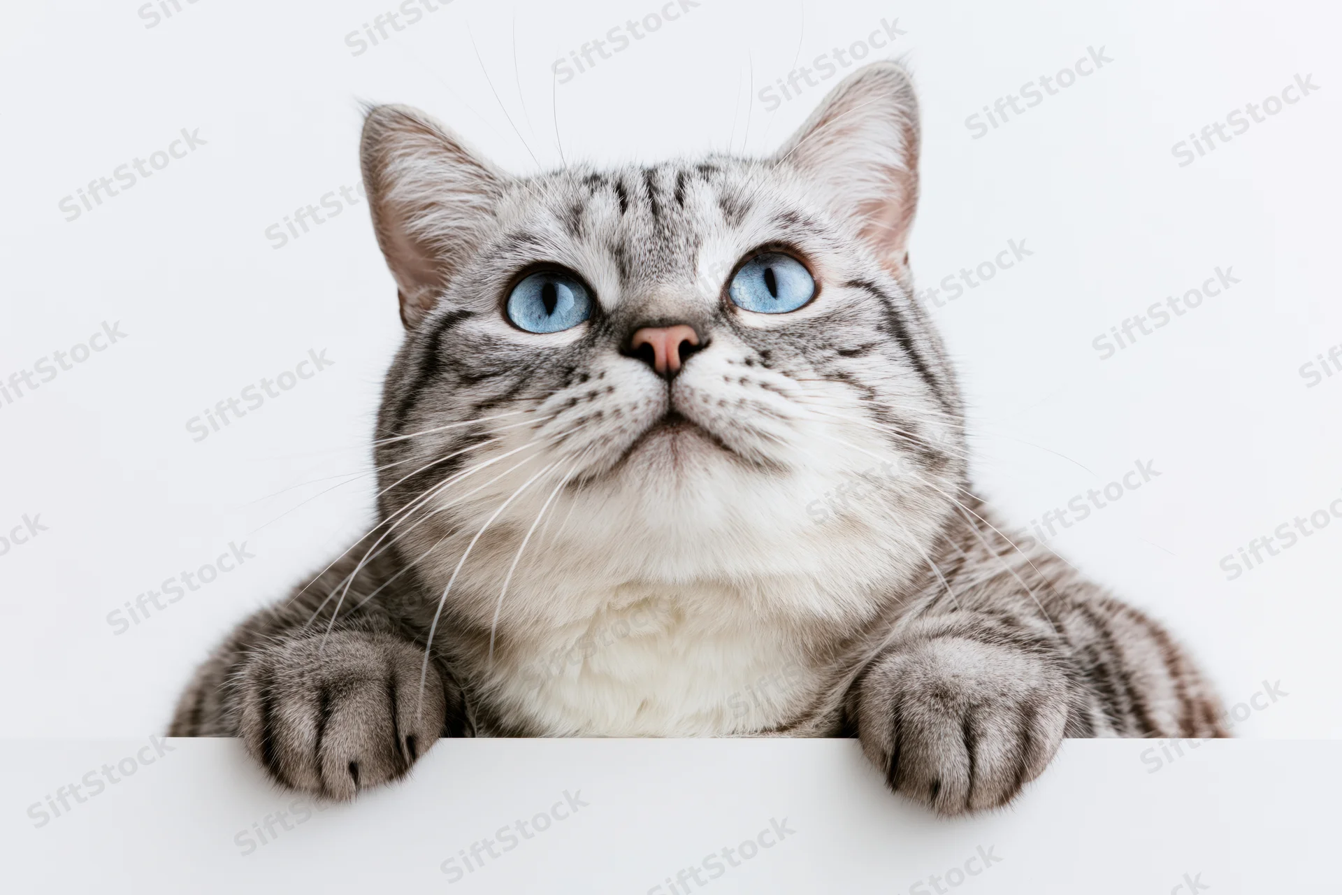 Silver tabby cat resting with front paws draped over a white surface, looking up with blue eyes