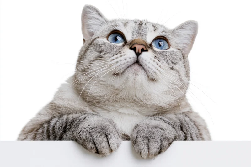 Silver tabby cat resting with front paws draped over a white surface, looking upward