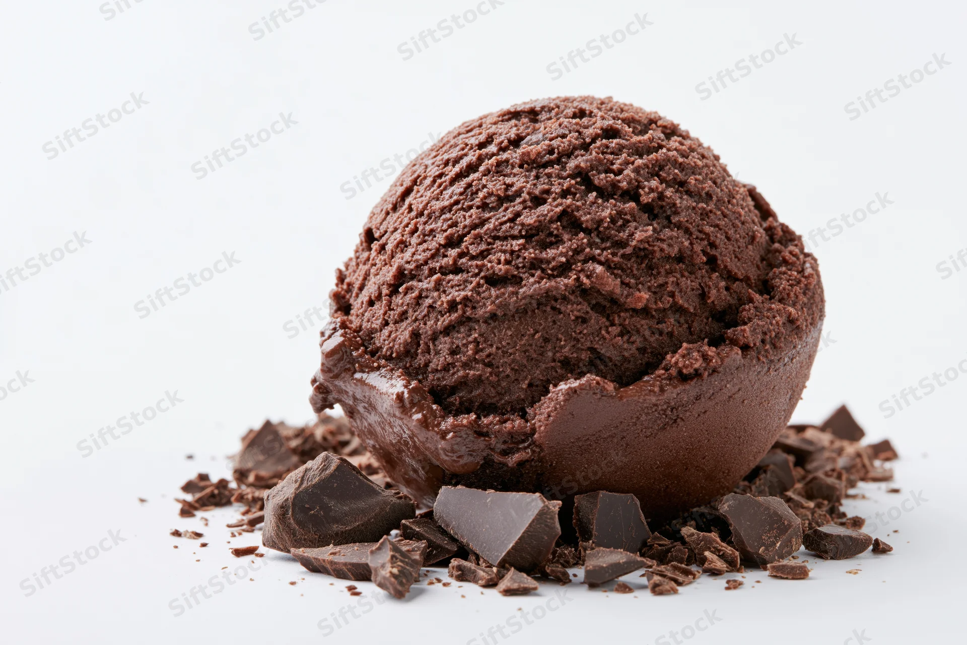 Single scoop of dark chocolate ice cream with rough texture surrounded by chocolate chunks on white background
