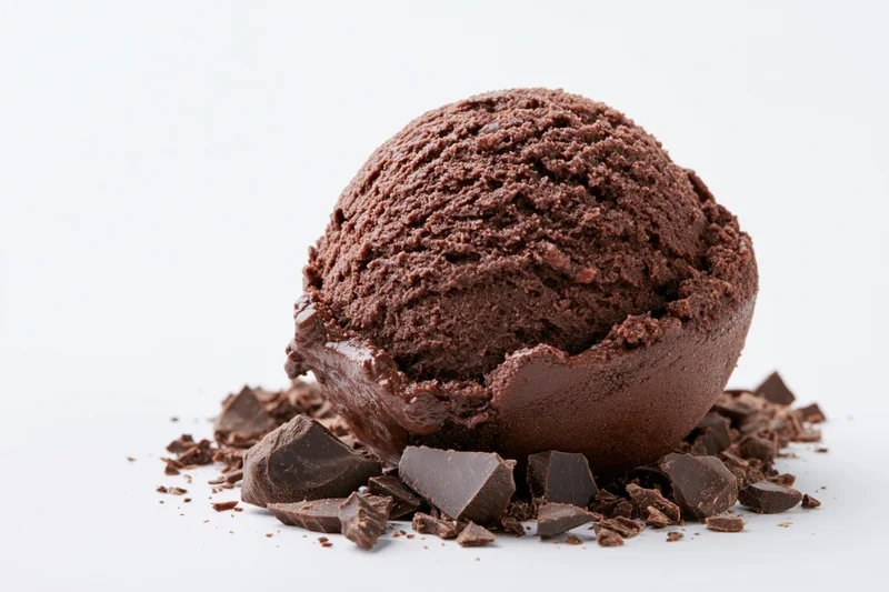 Single scoop of dark chocolate ice cream with rough texture surrounded by chocolate chunks on white background