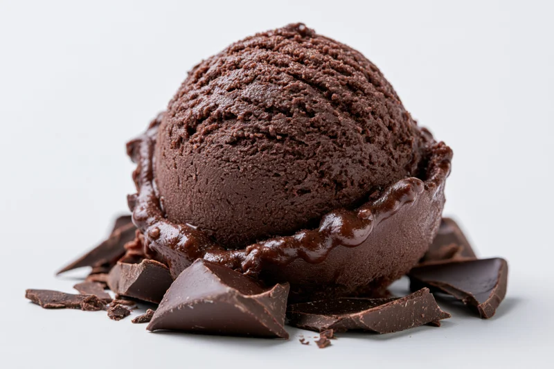 Single scoop of dark chocolate ice cream with rough texture and melted chocolate dripping, surrounded by chocolate chunks on a white background