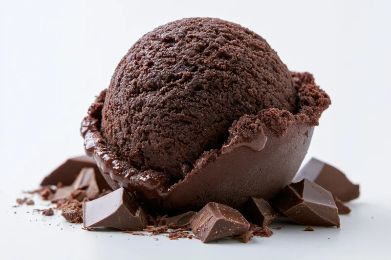 Single scoop of dark chocolate ice cream with rough texture surrounded by chocolate chunks on white background