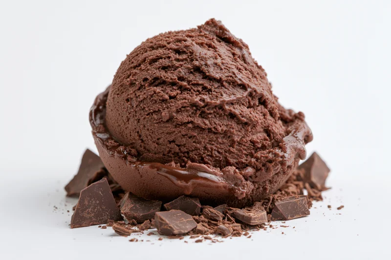 Single scoop of dark chocolate ice cream with rough texture