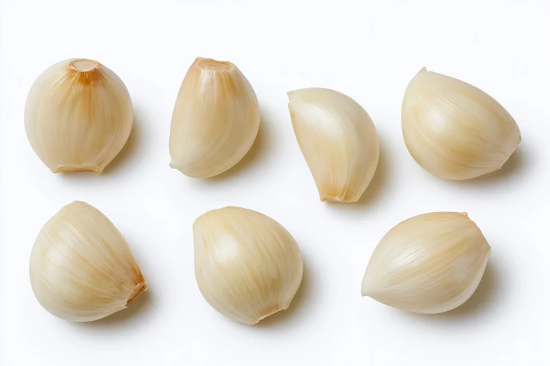 Six peeled garlic cloves arranged in two rows on a white background