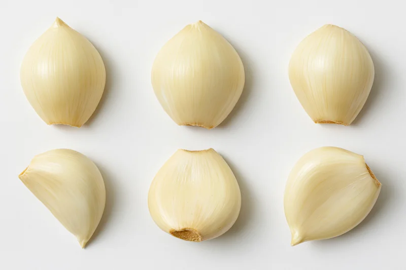 Six peeled garlic cloves arranged in two rows on a white surface