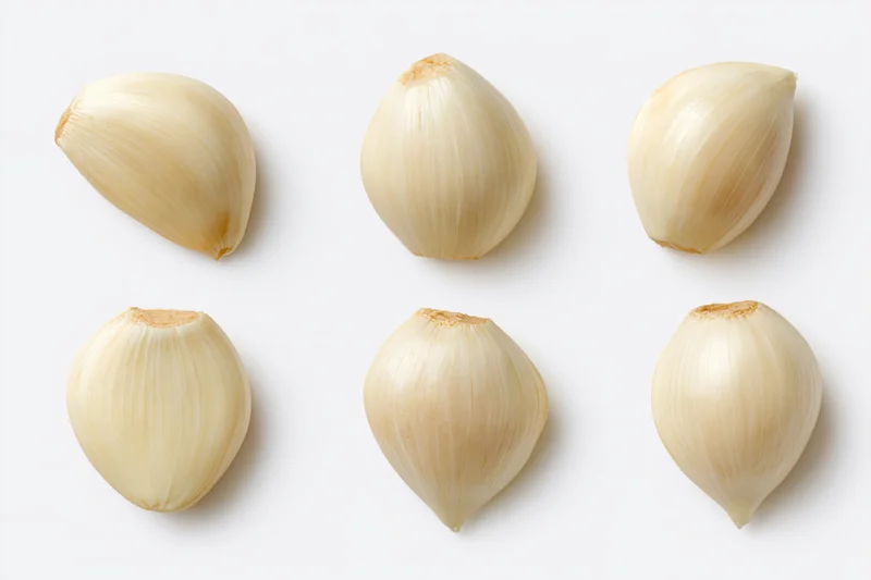 Six peeled garlic cloves arranged in two rows on a white background