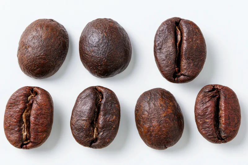Six roasted coffee beans arranged in two rows on a white background