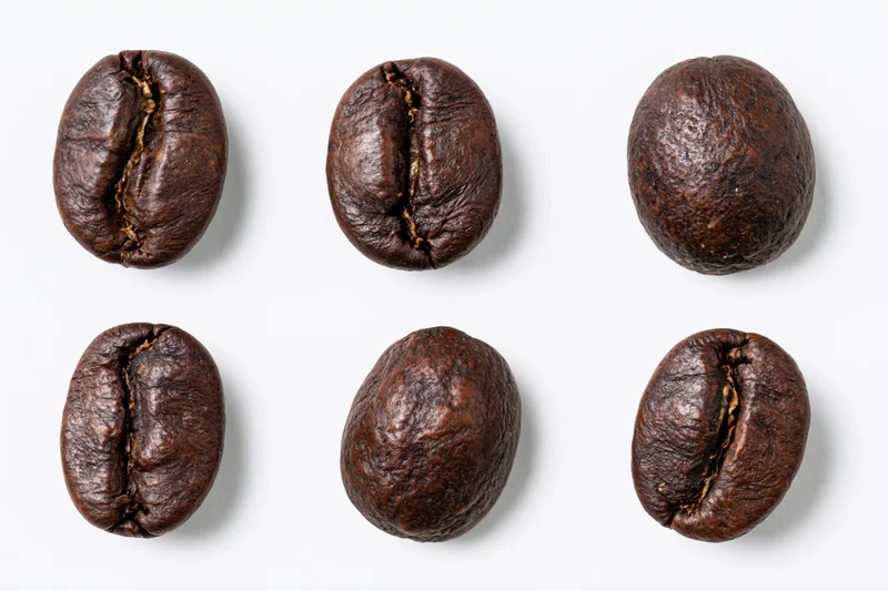 Six roasted coffee beans arranged in two rows on a white background