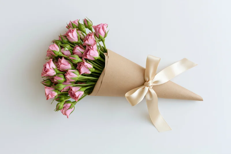 Small bouquet of pink spray roses and green buds wrapped in kraft paper with cream satin ribbon, flat lay on white background