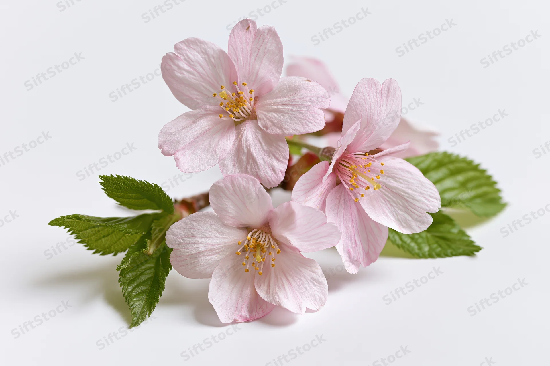 Cherry blossom branch with three open pink flowers and green leaves on white background