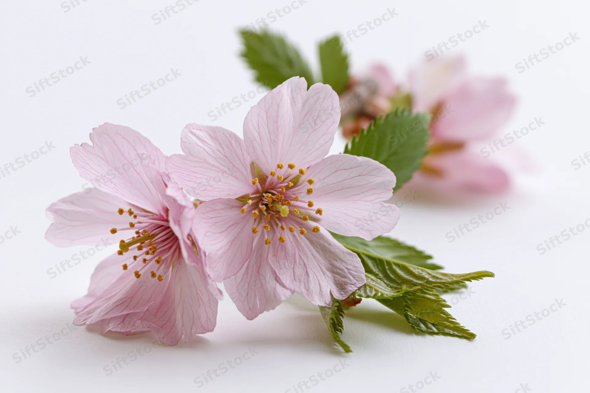 Cherry blossom branch with three open pink flowers and green leaves on white background