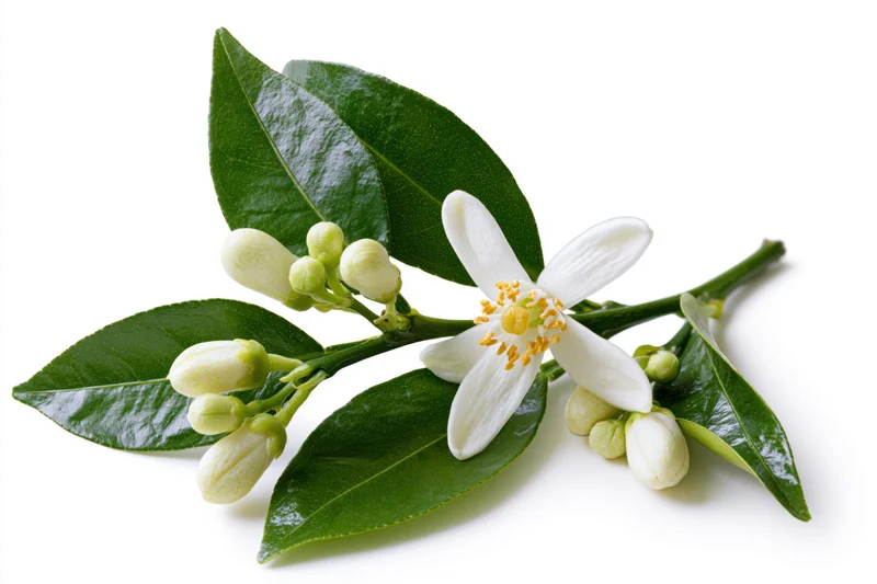 Citrus blossom branch with one open white flower and buds among green leaves on white background