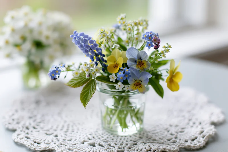 Small mixed wildflower bouquet in a clear glass jar on a crocheted doily on a table