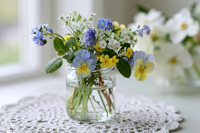Small mixed wildflower bouquet in a clear glass jar on a white lace doily on a table