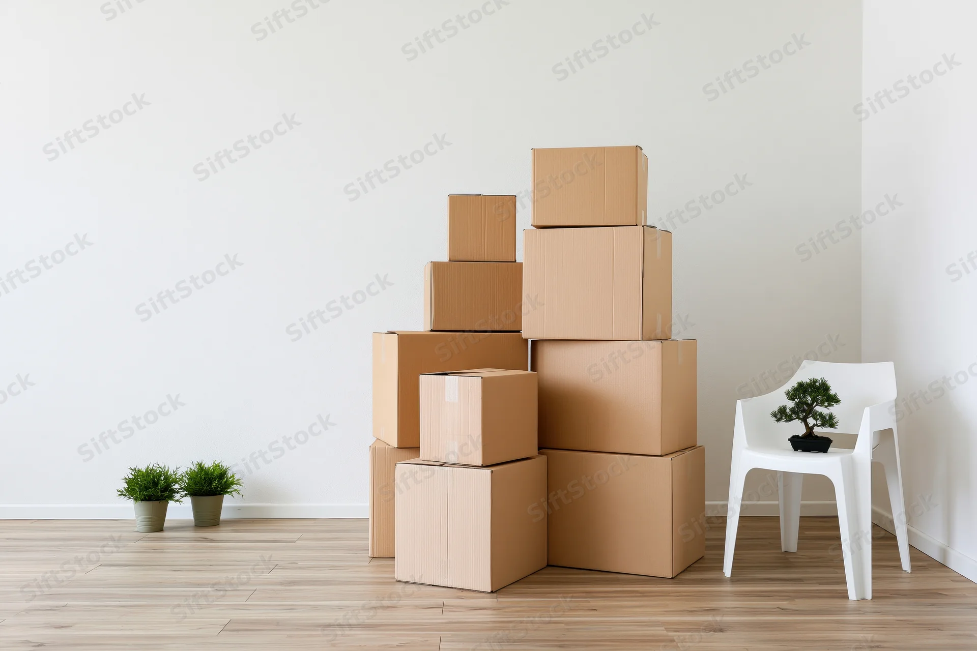 Stack of cardboard moving boxes arranged in a corner of an empty room with a white chair and potted plants on wooden floor