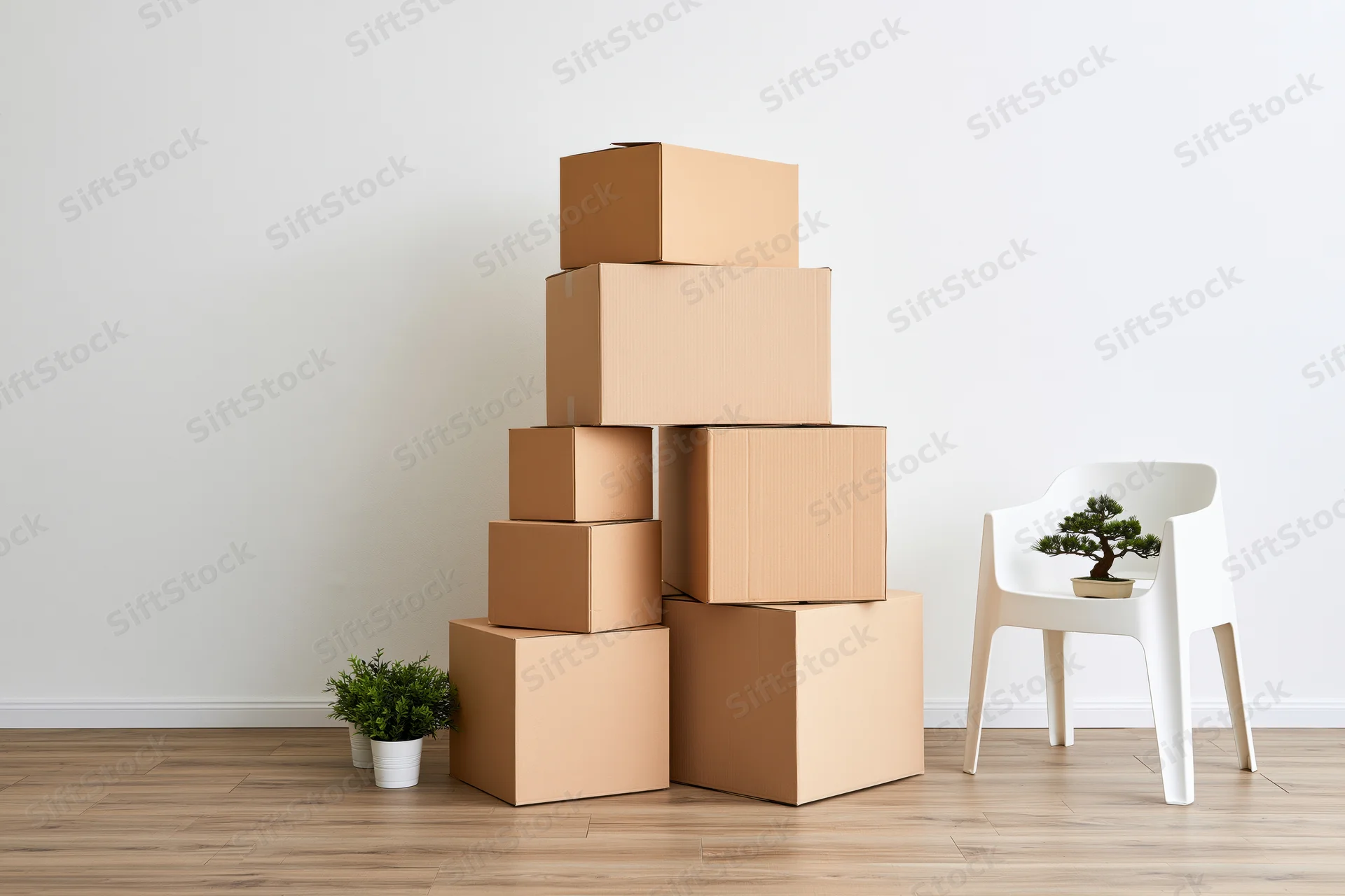 Stack of cardboard moving boxes arranged in a pyramid shape in a minimalist room with a white chair and potted plants on wooden floor