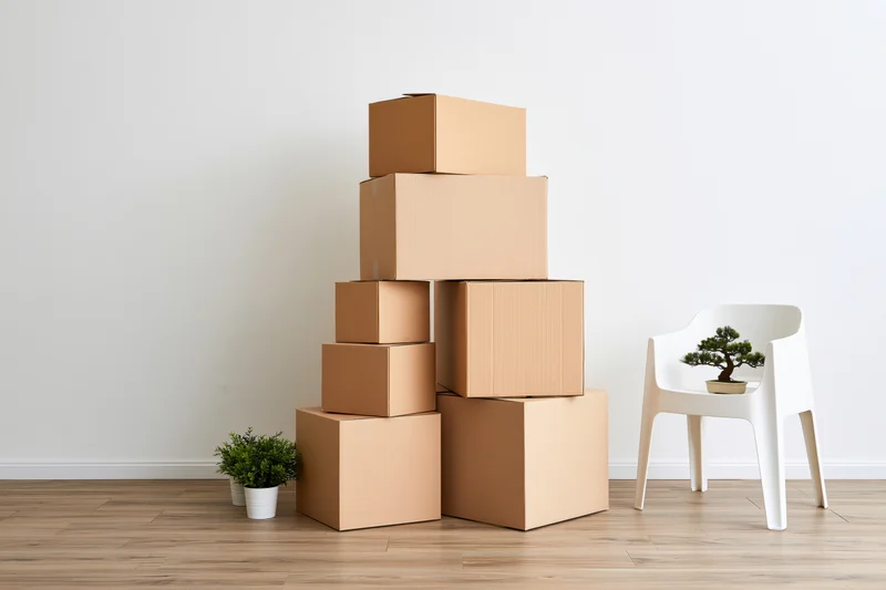 Stack of cardboard moving boxes arranged in a pyramid shape in a minimalist room with a white chair and potted plants on wooden floor