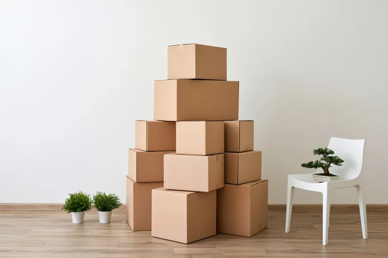 Stack of cardboard moving boxes arranged in a pyramid shape in a minimalist room with a white chair and potted plants on wooden floor