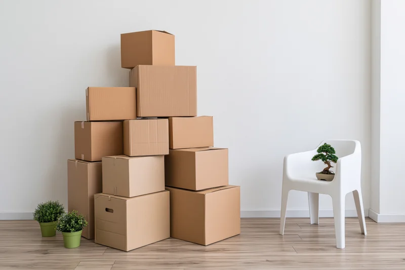 Stack of cardboard moving boxes arranged against a white wall in a minimalist room with a white chair and potted plants on wooden floor