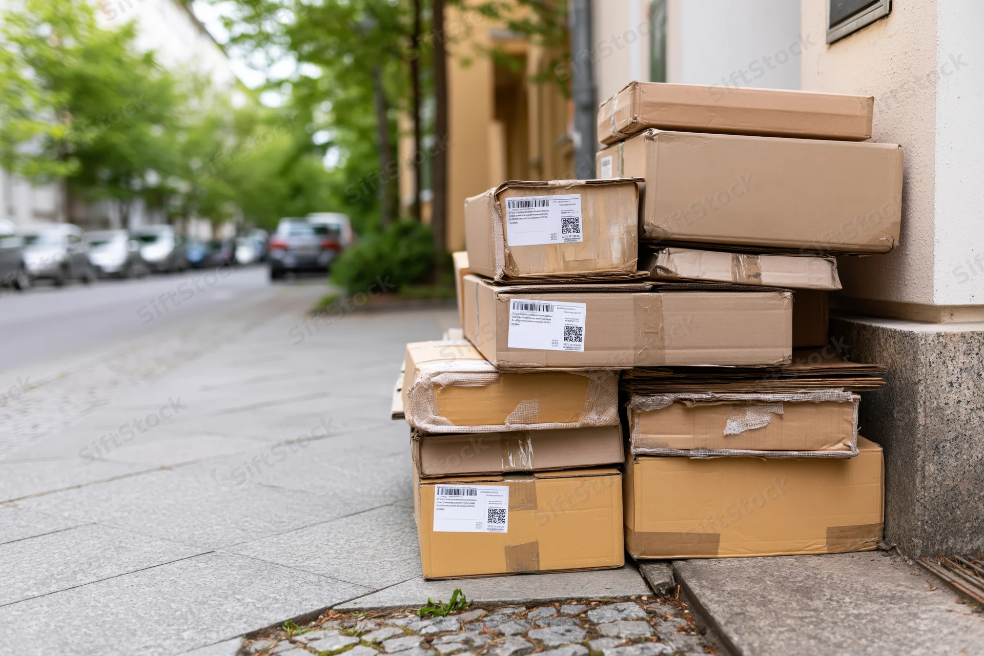 Stack of cardboard shipping boxes piled on a city sidewalk beside a building