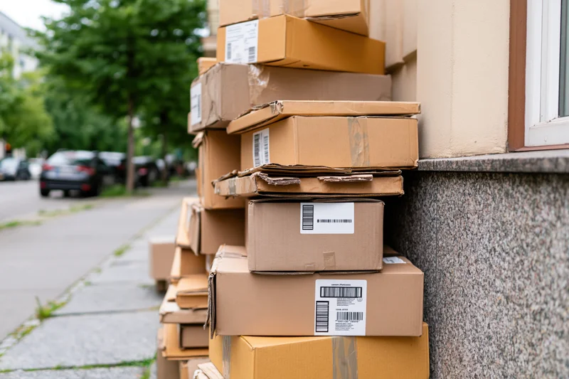 Stack of cardboard shipping boxes piled on a city sidewalk beside a building wall