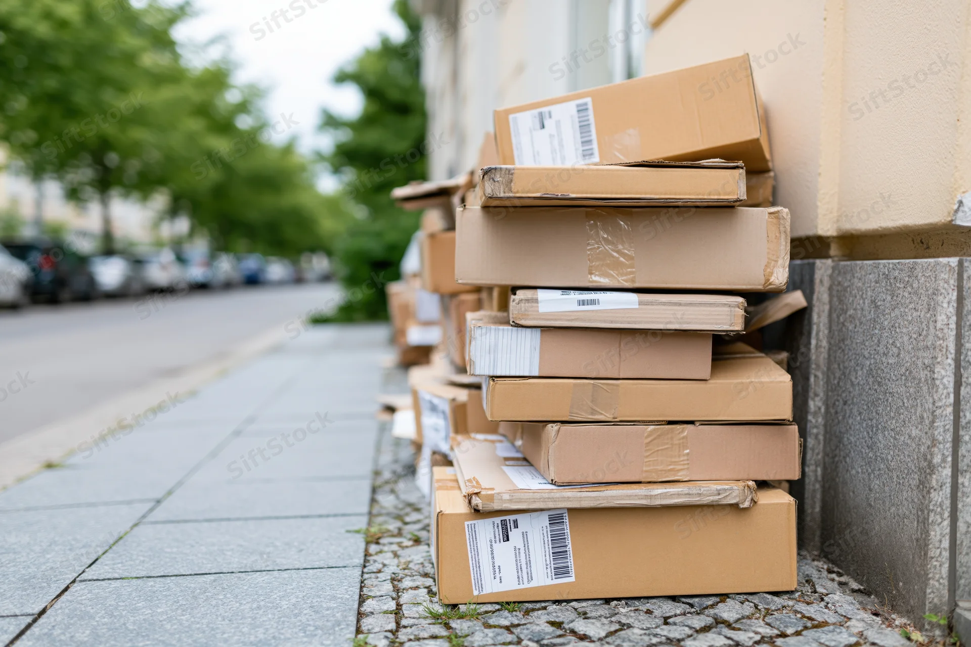 Stack of cardboard shipping boxes piled on a city sidewalk beside a building curb