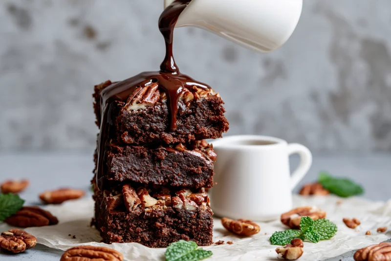 Stack of chocolate brownies topped with chopped pecans and chocolate sauce being poured over them on parchment paper with mint and a white cup nearby