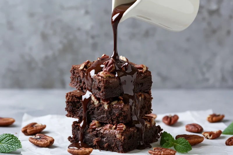 Stack of chocolate brownies topped with chopped pecans and drizzled with chocolate sauce on parchment paper