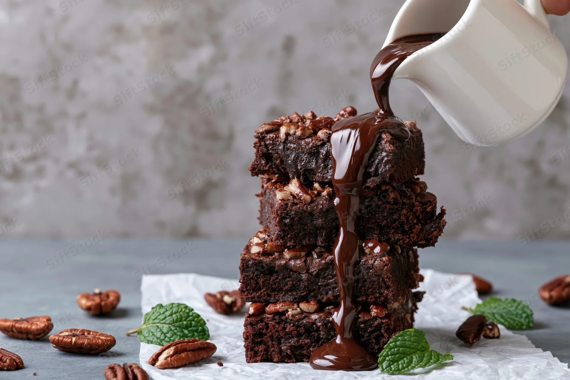 Stack of chocolate brownies topped with pecans and mint leaves with chocolate sauce being poured from a white pitcher onto them on parchment paper over a gray surface