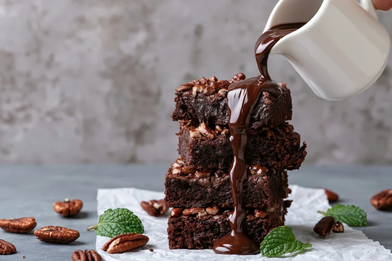 Stack of chocolate brownies topped with pecans and mint leaves with chocolate sauce being poured from a white pitcher onto them on parchment paper over a gray surface