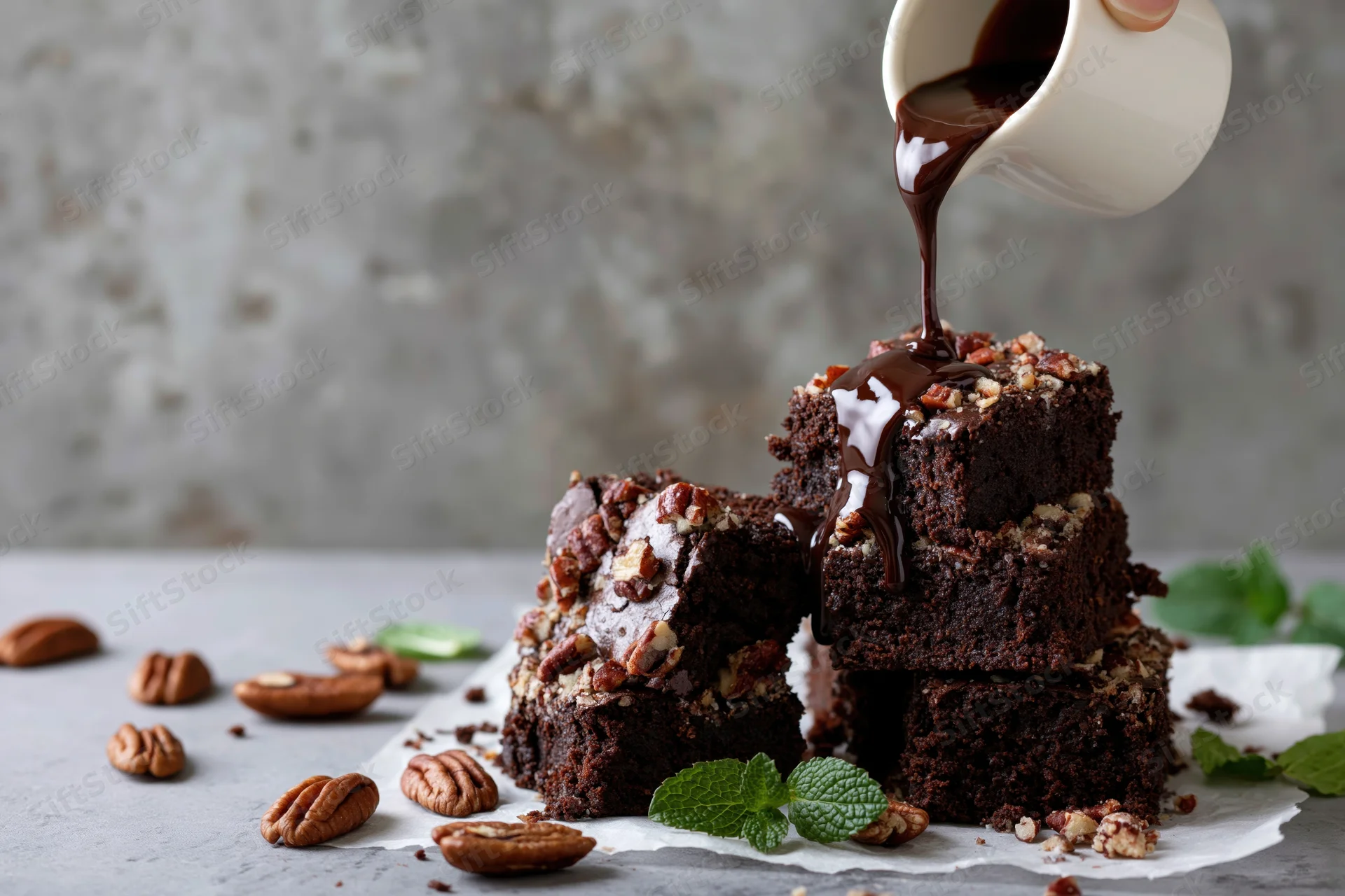 Stack of chocolate brownies topped with chopped pecans and mint, chocolate sauce being poured over them on parchment paper