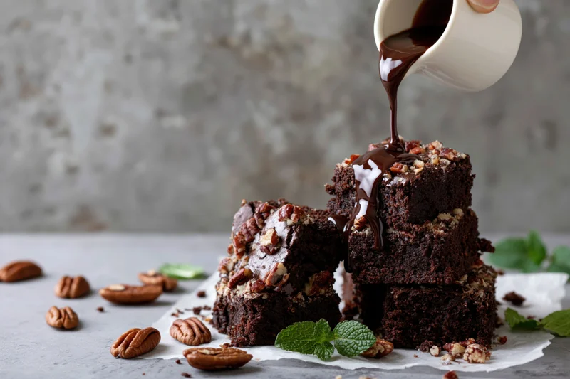 Stack of chocolate brownies topped with chopped pecans and mint, chocolate sauce being poured over them on parchment paper