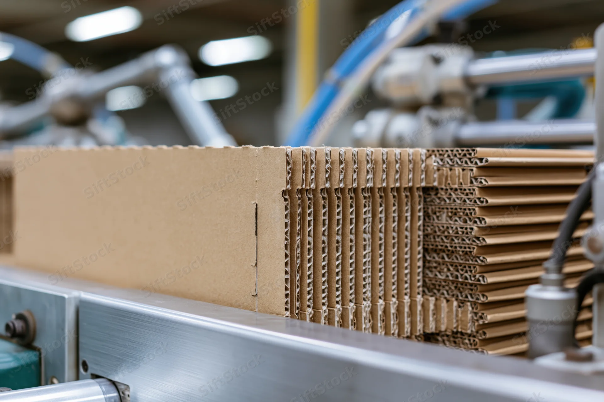Stack of flat-packed kraft cardboard boxes arranged upright on a conveyor in a factory production line