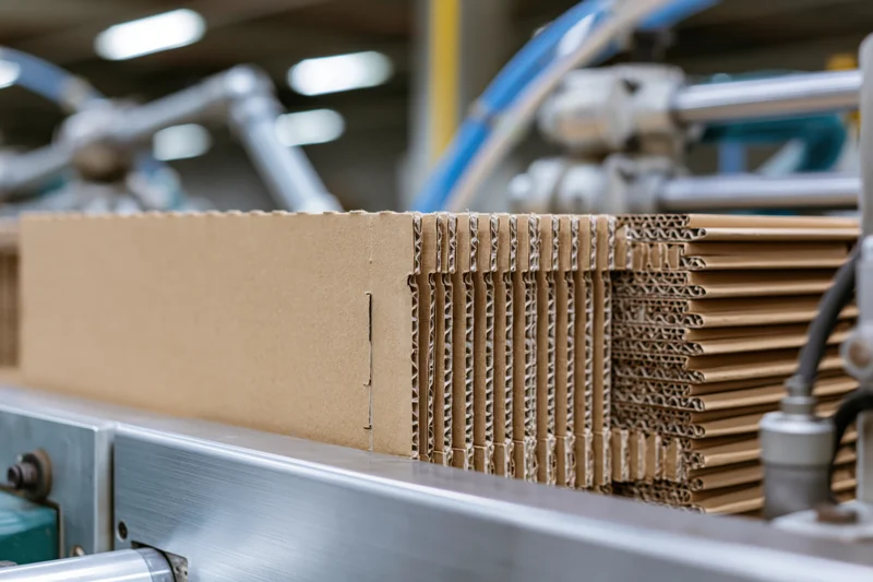 Stack of flat-packed kraft cardboard boxes arranged upright on a conveyor in a factory production line