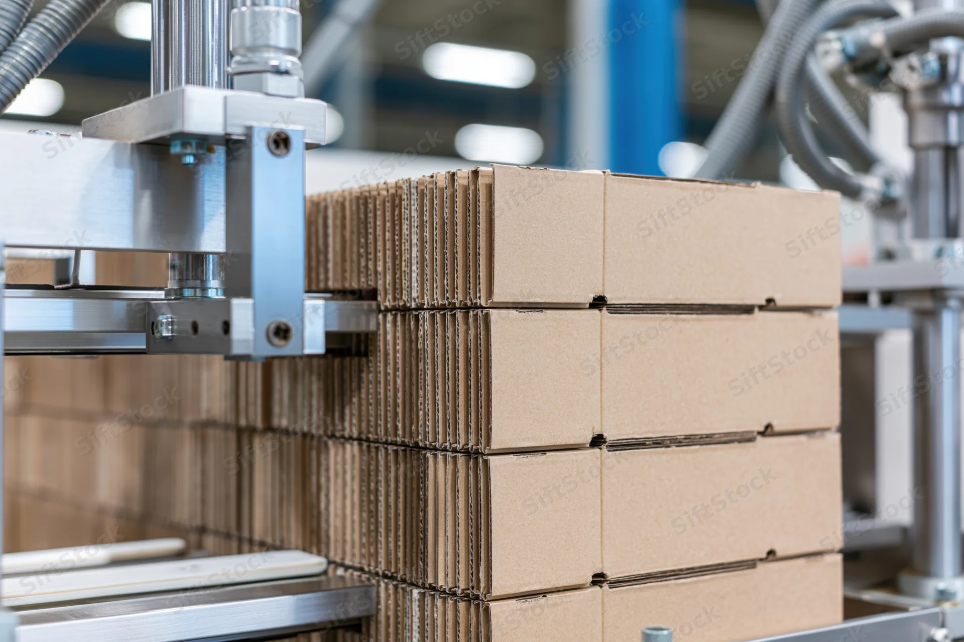 Stack of flat-packed kraft cardboard boxes loaded upright in industrial machinery on conveyor line