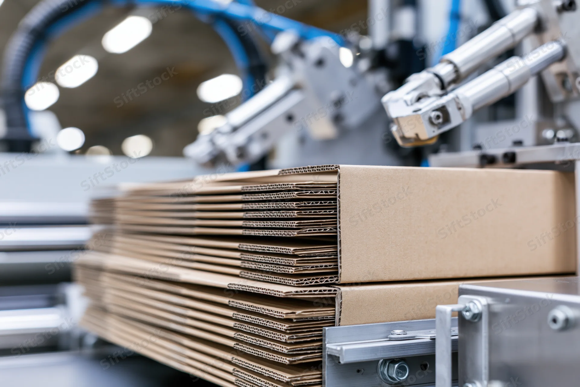 Stack of flat-packed kraft cardboard boxes arranged upright on a conveyor in a factory setting