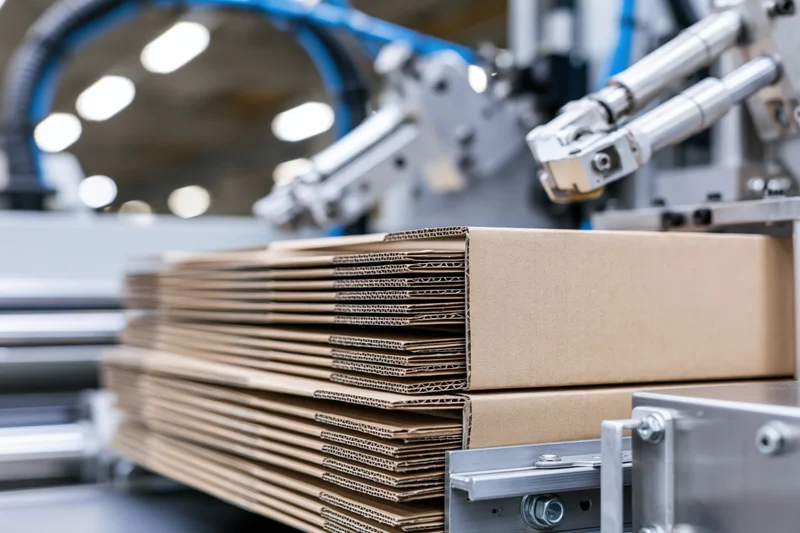 Stack of flat-packed kraft cardboard boxes arranged upright on a conveyor in a factory setting