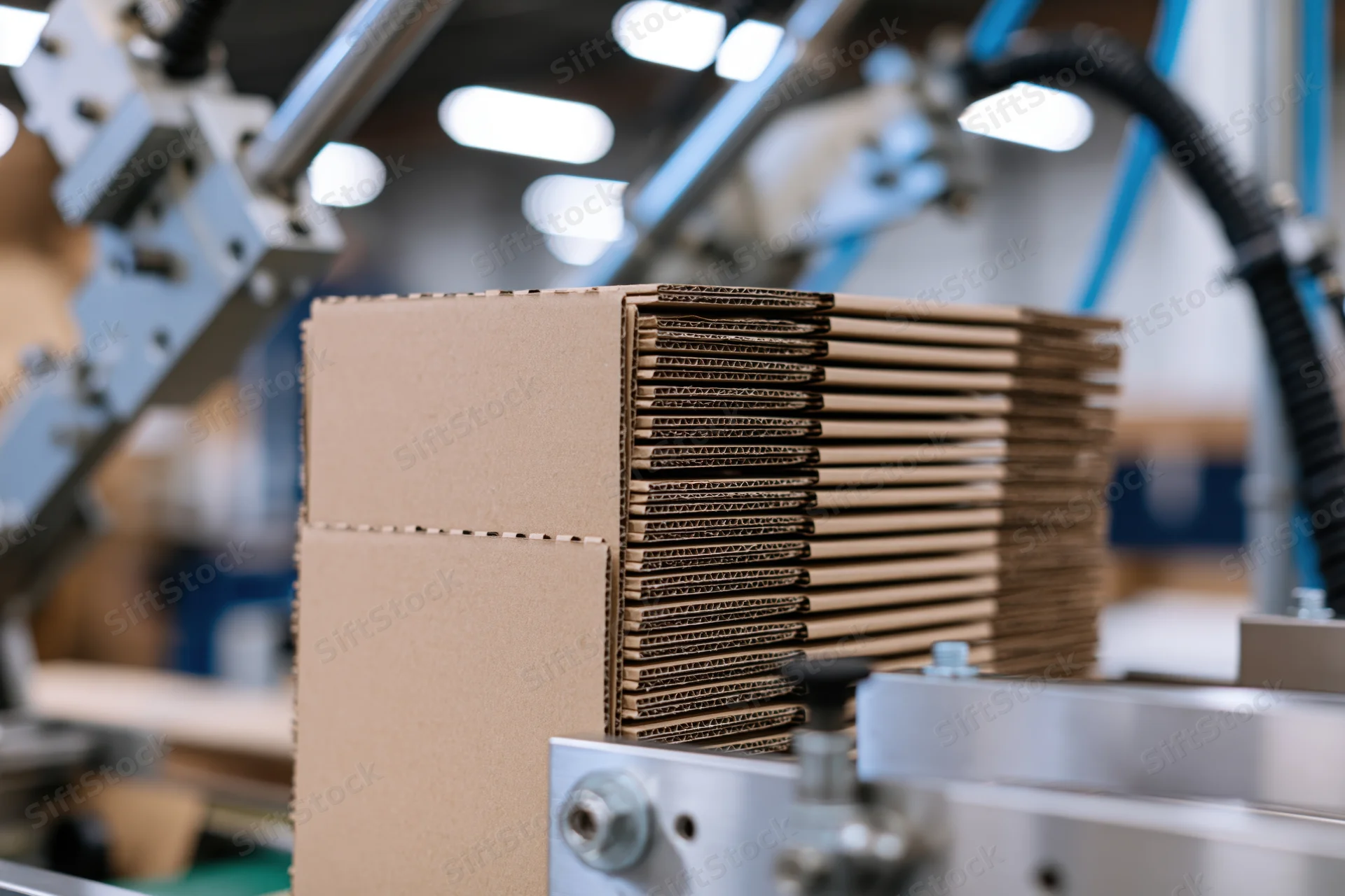 Stack of flat-packed kraft cardboard boxes loaded upright in automated manufacturing line