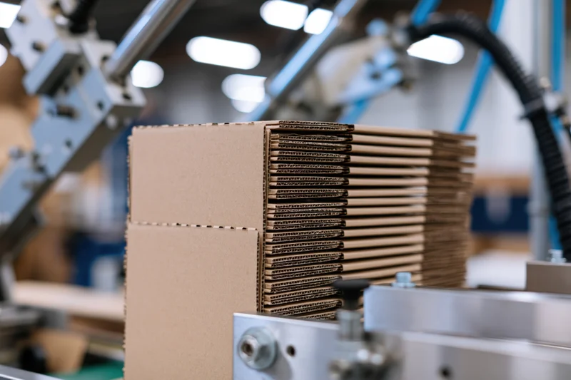 Stack of flat-packed kraft cardboard boxes loaded upright in automated manufacturing line