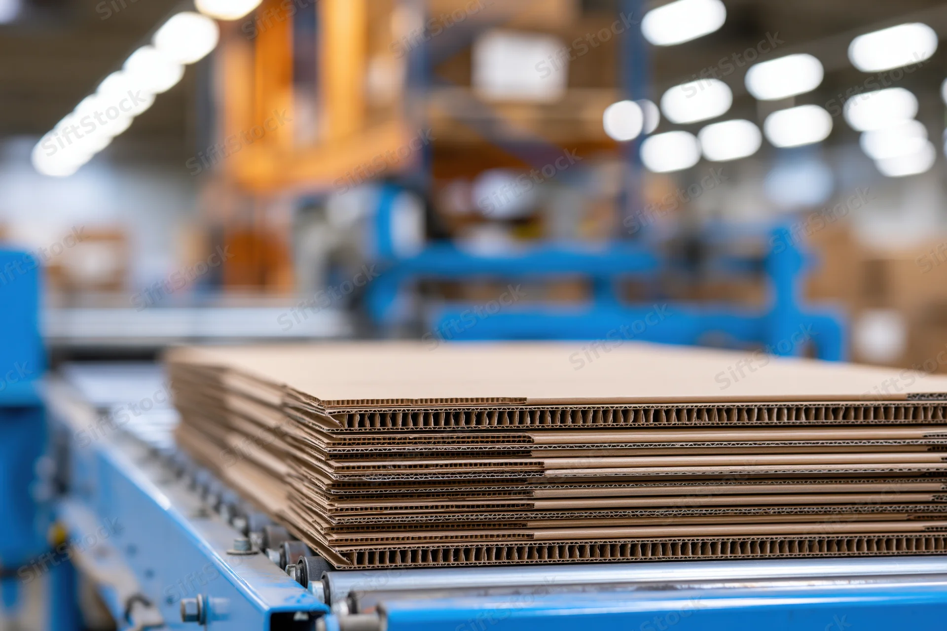 Stack of flat corrugated cardboard sheets on blue conveyor in factory interior