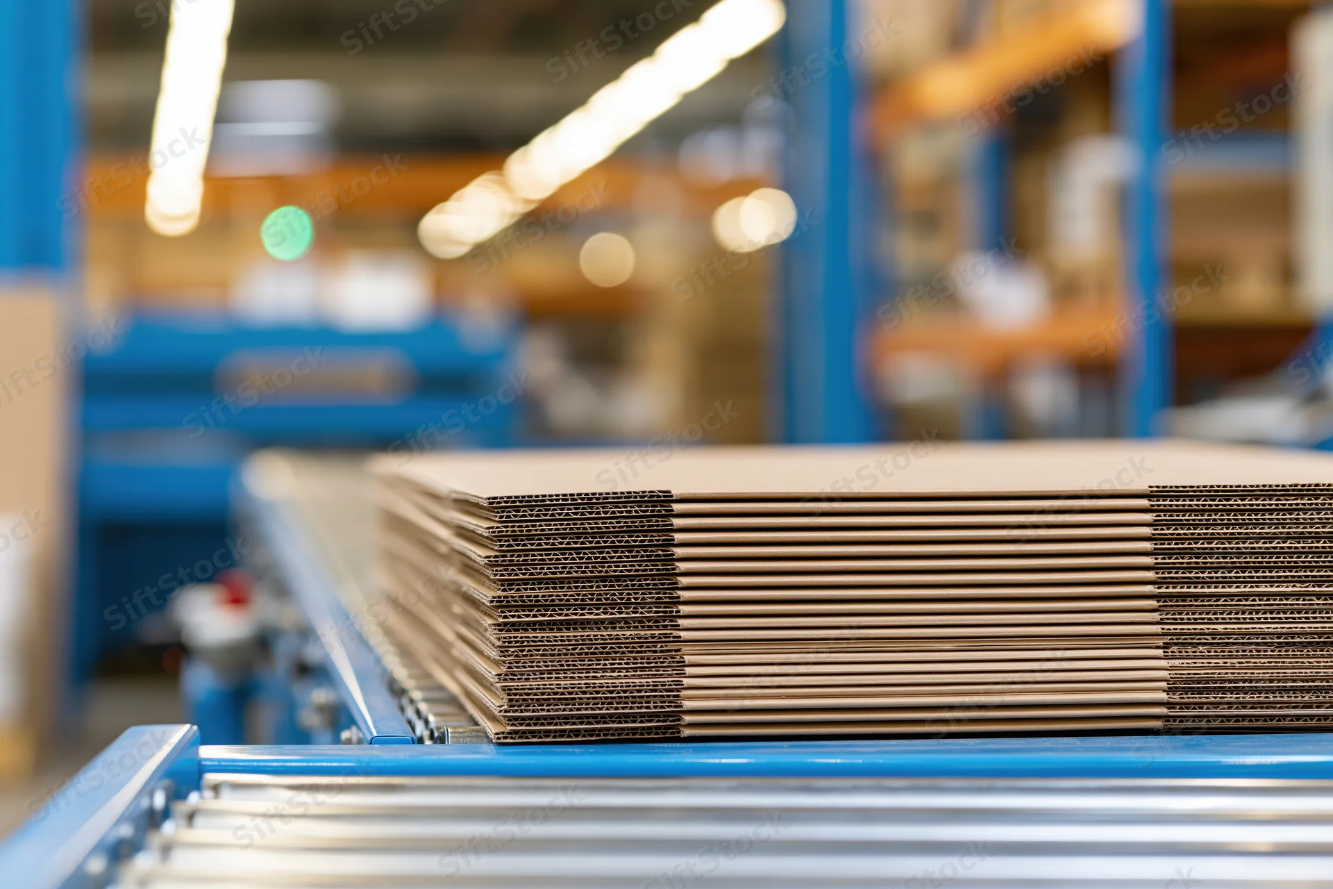 Stack of flat corrugated cardboard sheets on blue conveyor belt in factory setting