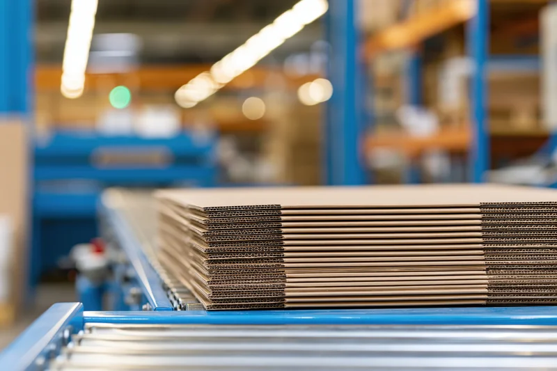Stack of flat corrugated cardboard sheets on blue conveyor belt in factory setting