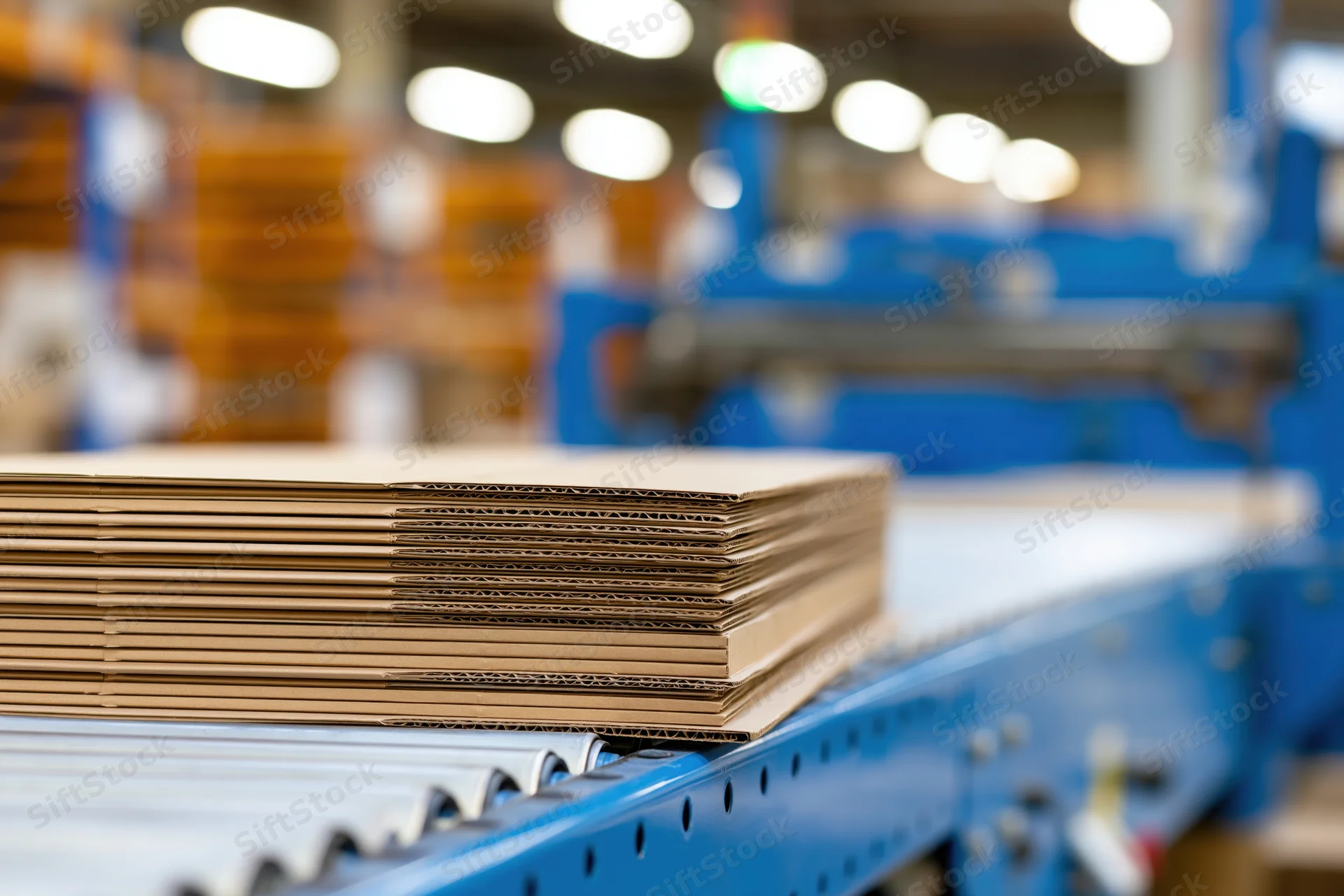 Stack of flat corrugated cardboard sheets on a blue conveyor belt in a factory production line