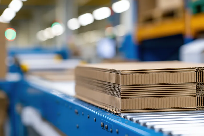 Stack of flat corrugated cardboard sheets on a blue conveyor belt in a factory setting