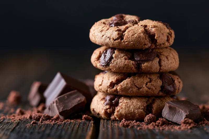 Stack of four homemade chocolate chip cookies piled on a dark wooden surface with chocolate chunks and cocoa powder scattered around