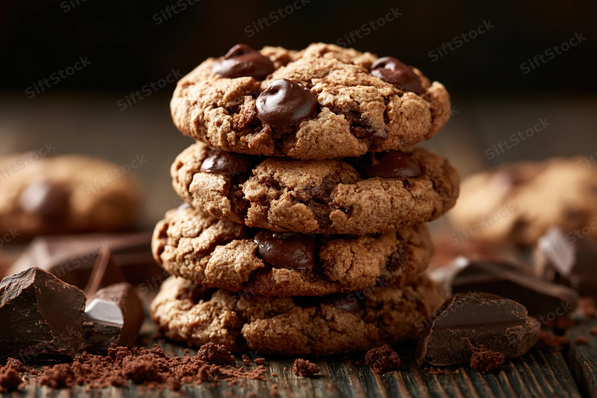 Stack of four homemade chocolate chip cookies on a dark wooden surface with chocolate chunks and crumbs around