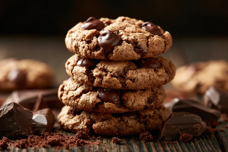 Stack of four homemade chocolate chip cookies on a dark wooden surface with chocolate chunks and crumbs around