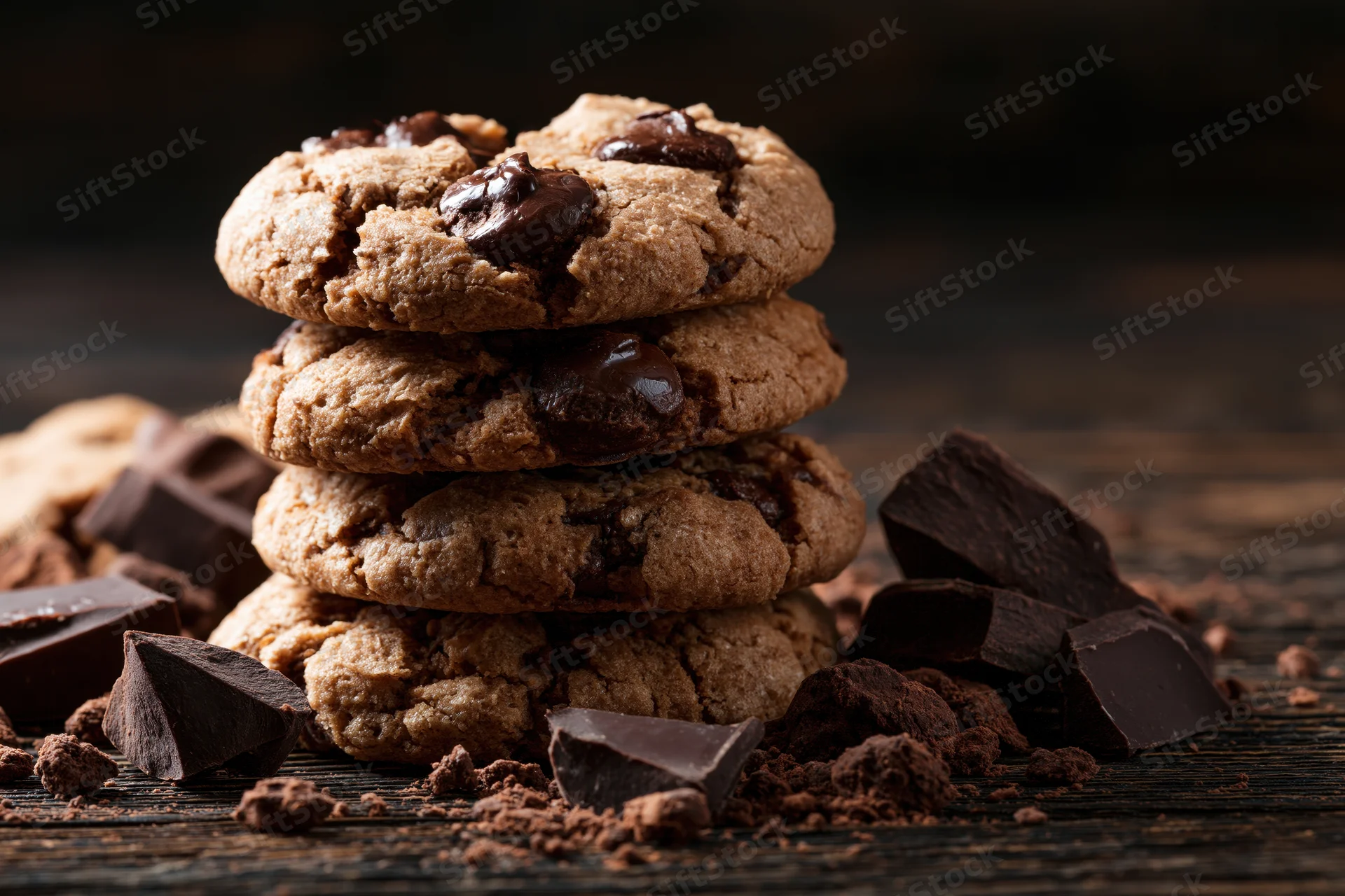 Stack of four homemade chocolate chip cookies on dark wooden surface with chocolate chunks and cocoa powder scattered around